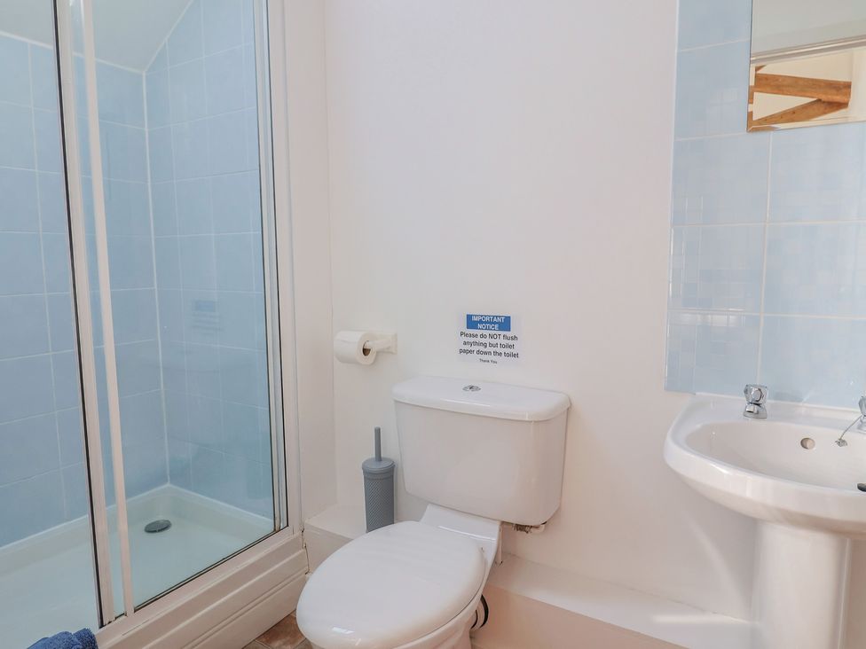 A bathroom with shower, toilet and sink at West Bowden Farm, Knowstone near South Molton