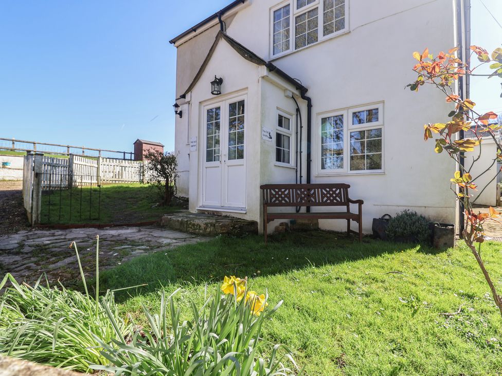 A garden area with a bench and flowers at The Old Smithy Dottery near Bridport