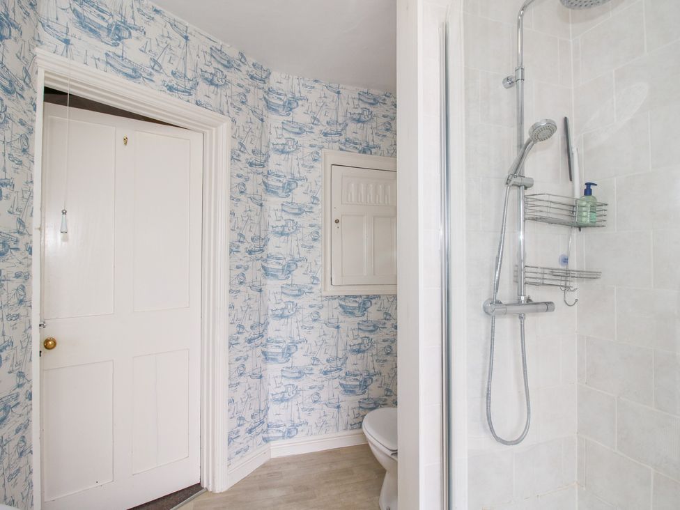 A bathroom with a shower and toilet at The Laurels in Bishop's Castle