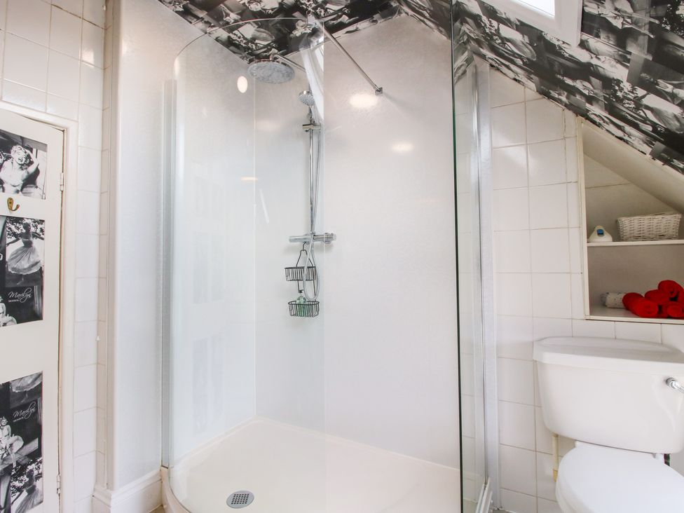 A bathroom with a shower and toilet at The Laurels in Bishop's Castle