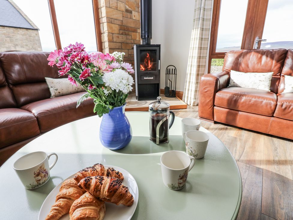 A living room with a brown leather sofa and a wood stove at Jacob's Lodge in Eggleston