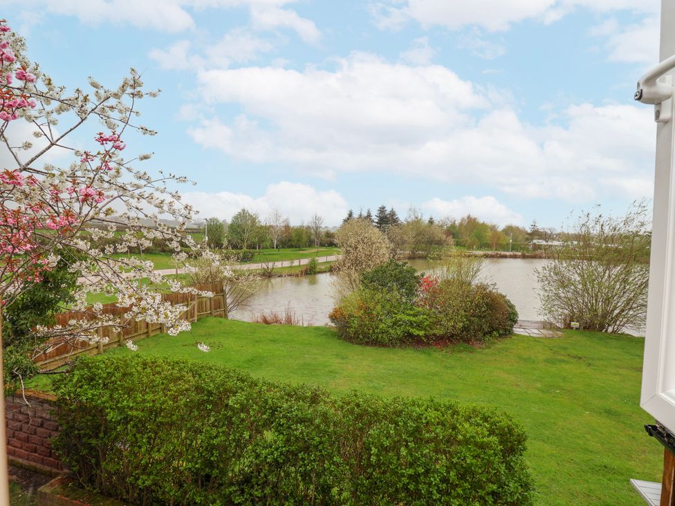 A view of a pond with surrounding greenery at Manor Wood in Farndon