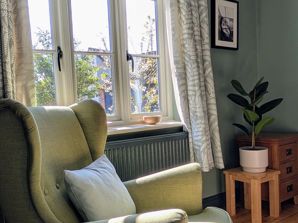 A living room with an armchair and a plant at Beaconsfield Cottage in Briston