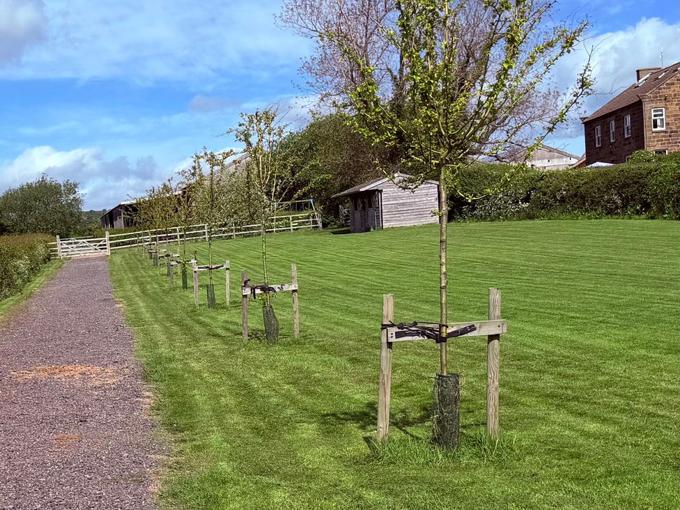 A pathway alongside trees and a building at The Farmhouse in Boggle Hole near Robin Hood's Bay