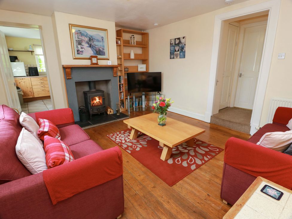 A living room with a fireplace and television at Camphill in Kirkcudbright