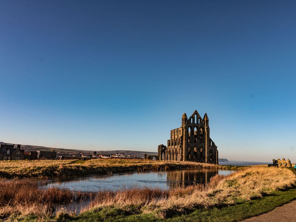 Ruins in a landscape with water and grass at Kingfisher in Whitby