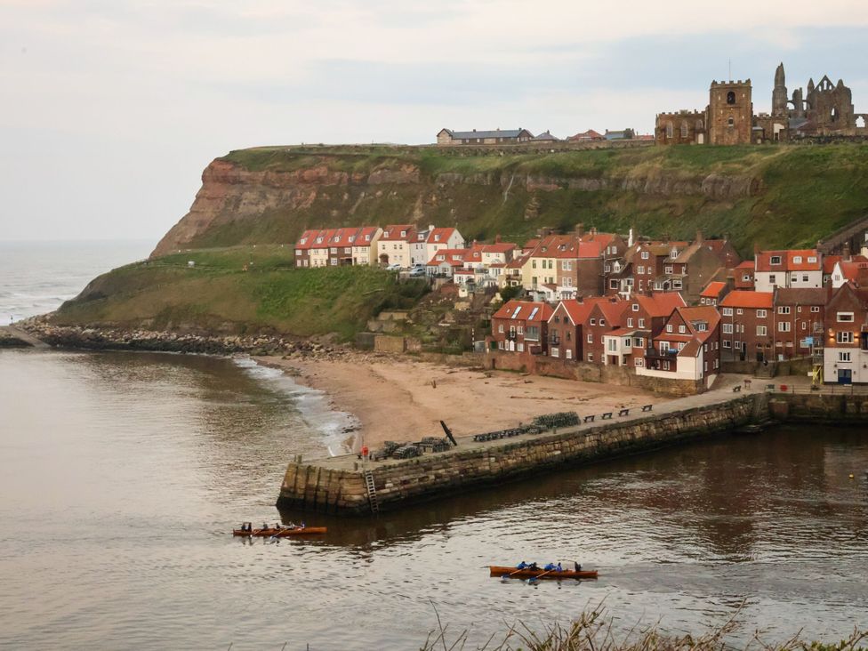 A view of the coast with houses and a cliff at Kingfisher in Whitby