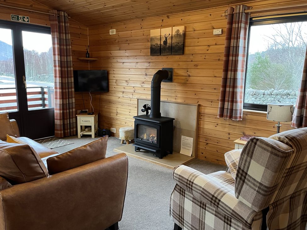 A living room with a fireplace and television at Wildcat Lodge in Newtonmore