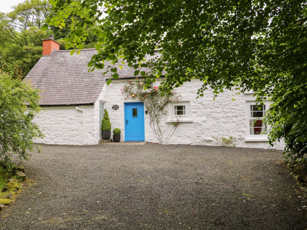 A cottage with a blue door and gravel driveway at Rosslare Cottage in Broughshane