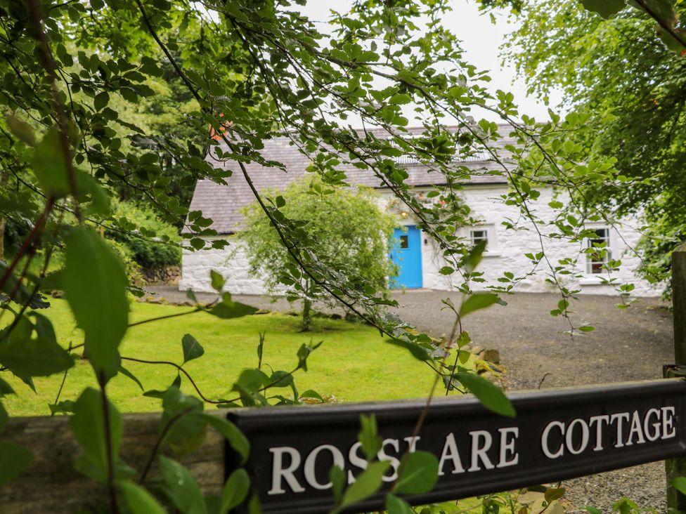 A cottage with a blue door and garden at Rosslare Cottage in Broughshane