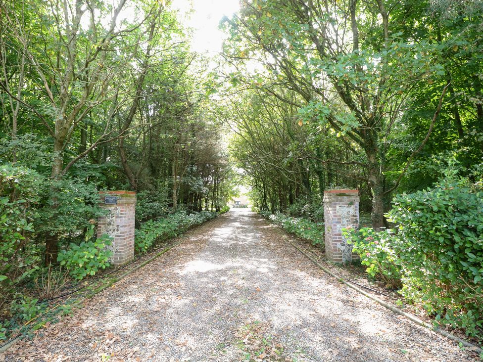 A gravel driveway surrounded by trees and bushes at The Annexe in Litcham