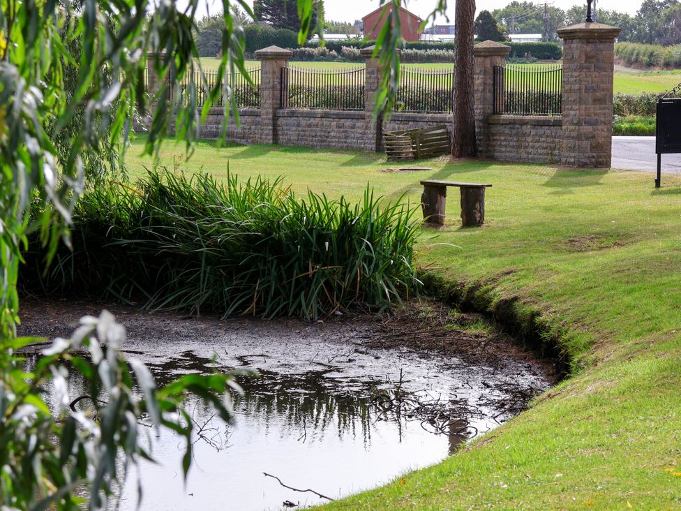 A pond and bench with landscaping features at Snowdrop in Saltburn-by-the-Sea