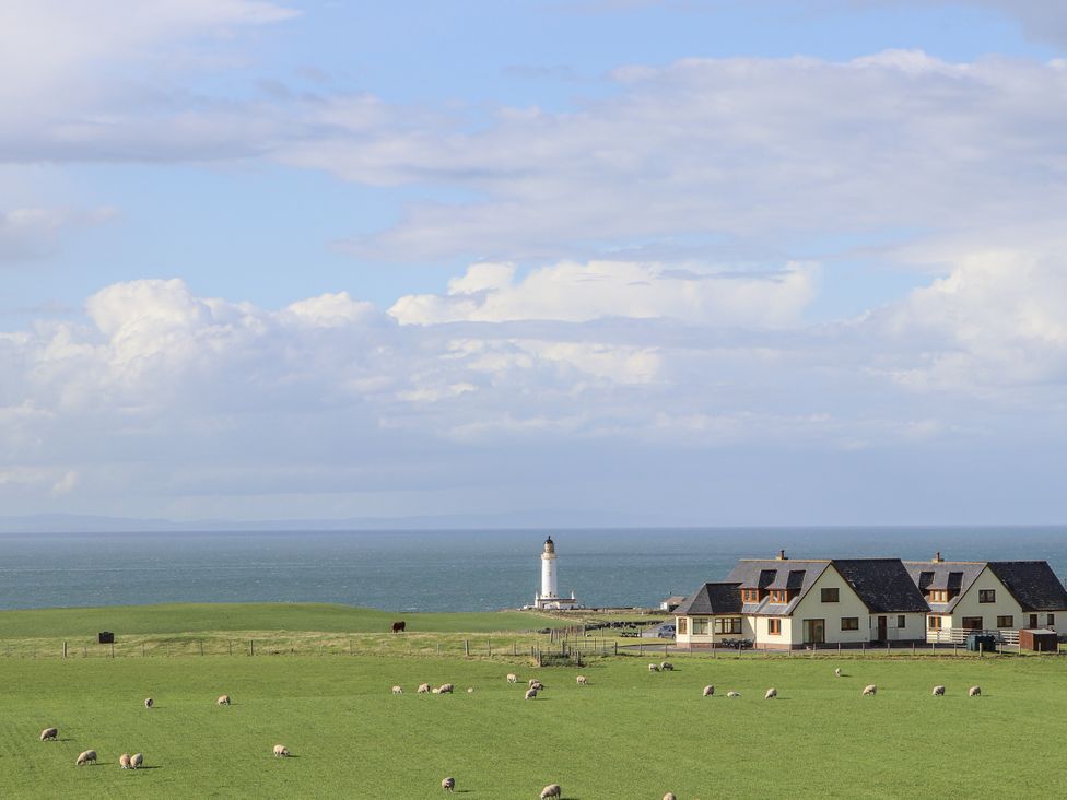 A lighthouse near a house and sheep in the field at Corsewall Castle Farm Lodges Kirkcolm