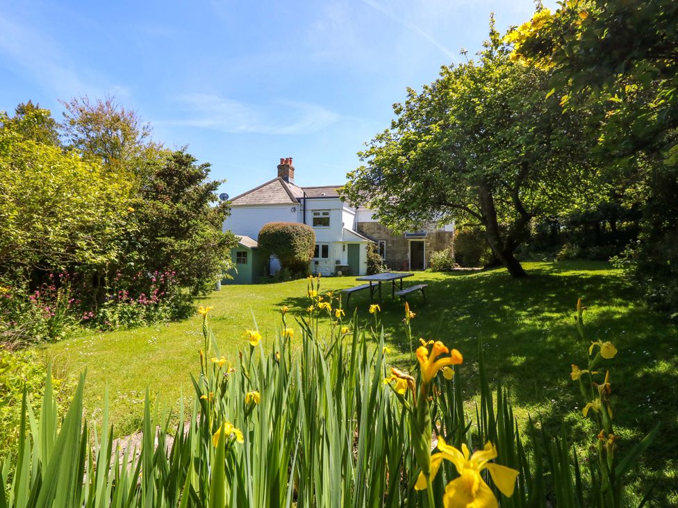 A house and garden with yellow flowers in the foreground at Sweet Briars in Chale