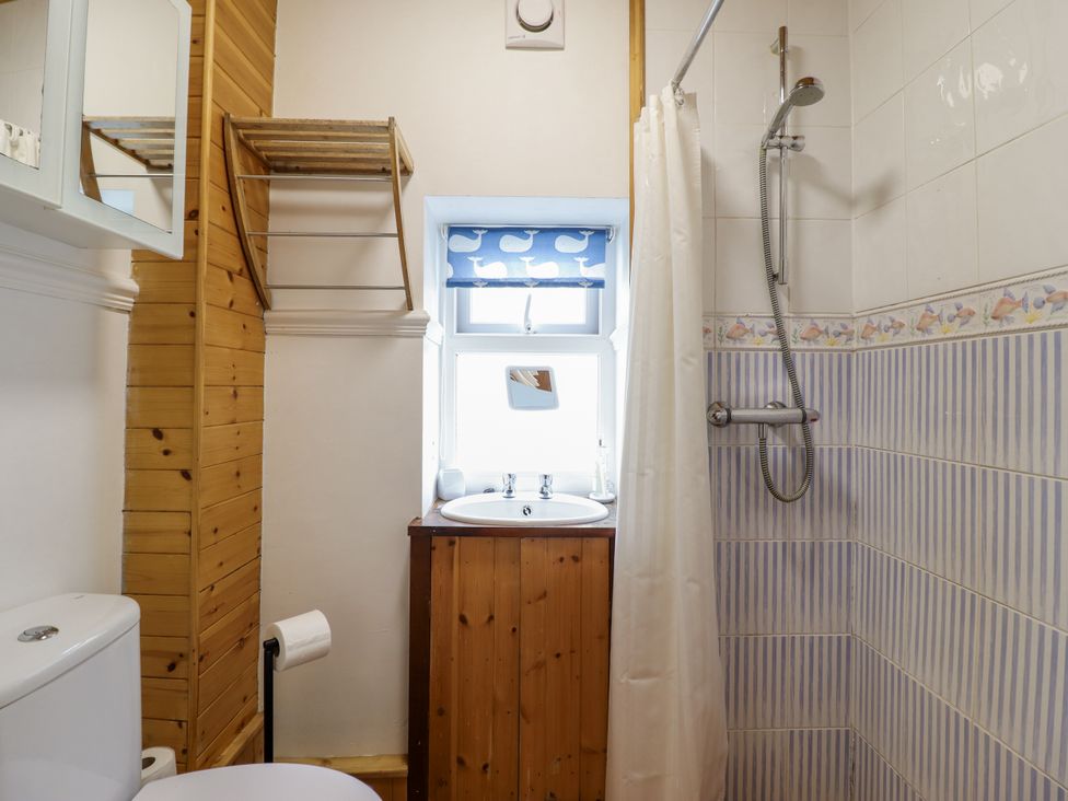 A bathroom with a sink, shower, and toilet at Cae Tanws Bach Dolgellau