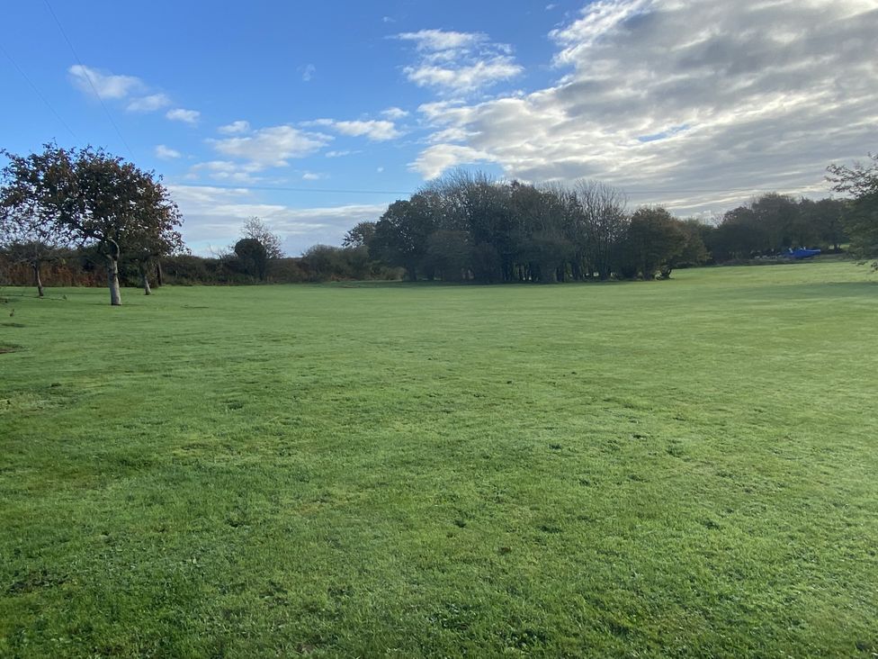 A grassy area with trees under a cloudy sky at Ty Woms in Abersoch