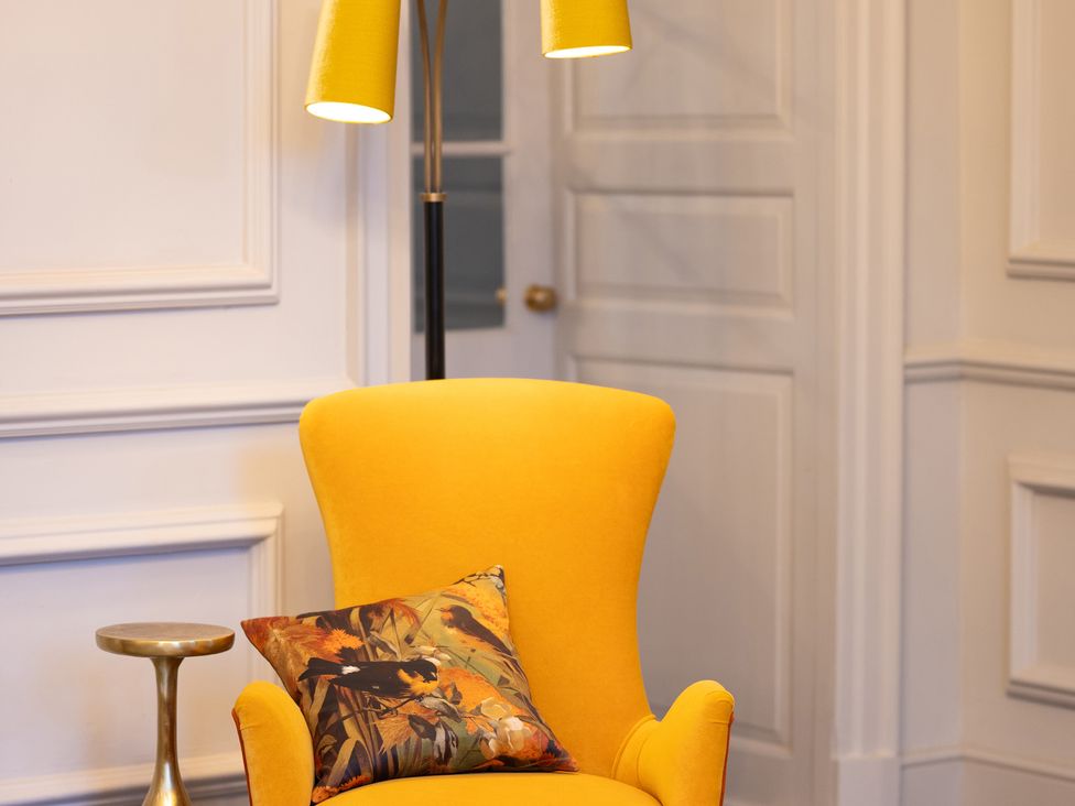 A chair with a cushion and a lamp in Wren Place Hall in Worsbrough