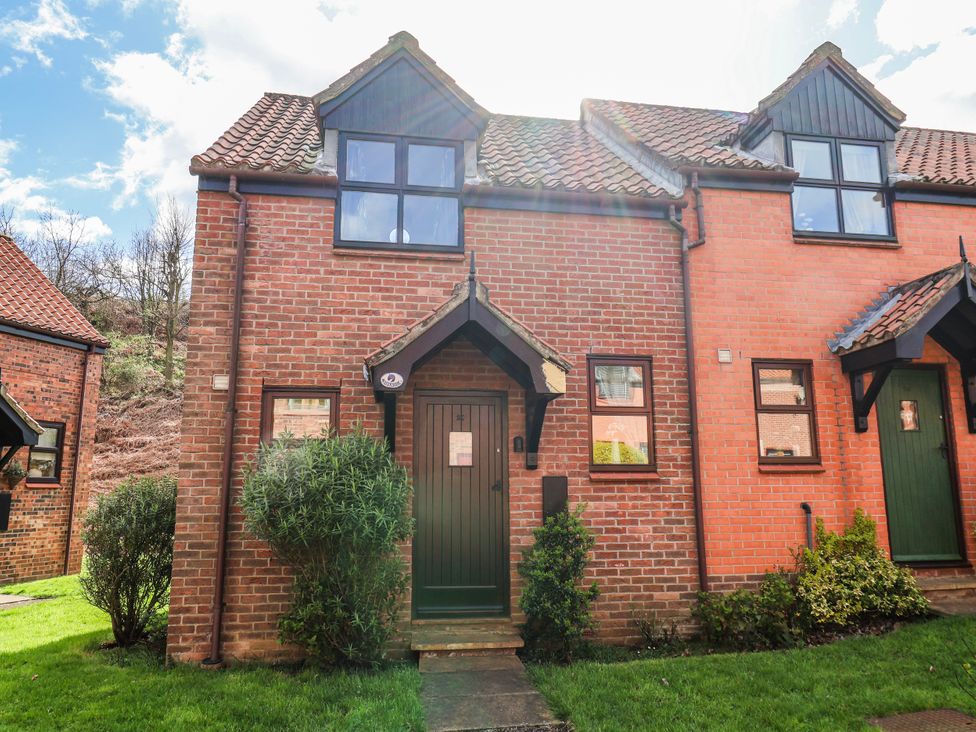 A house with a green door and windows at Waterside Cottage in Whitby