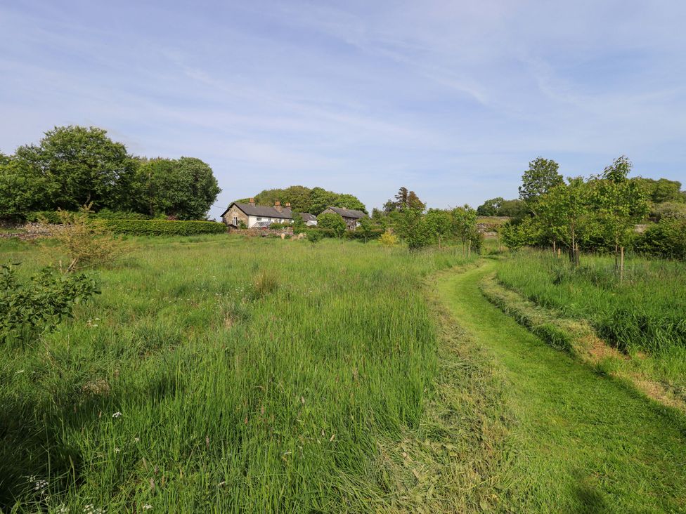 A grassy area with a pathway and trees at Pheasant Cottage in Beckside near Cartmel