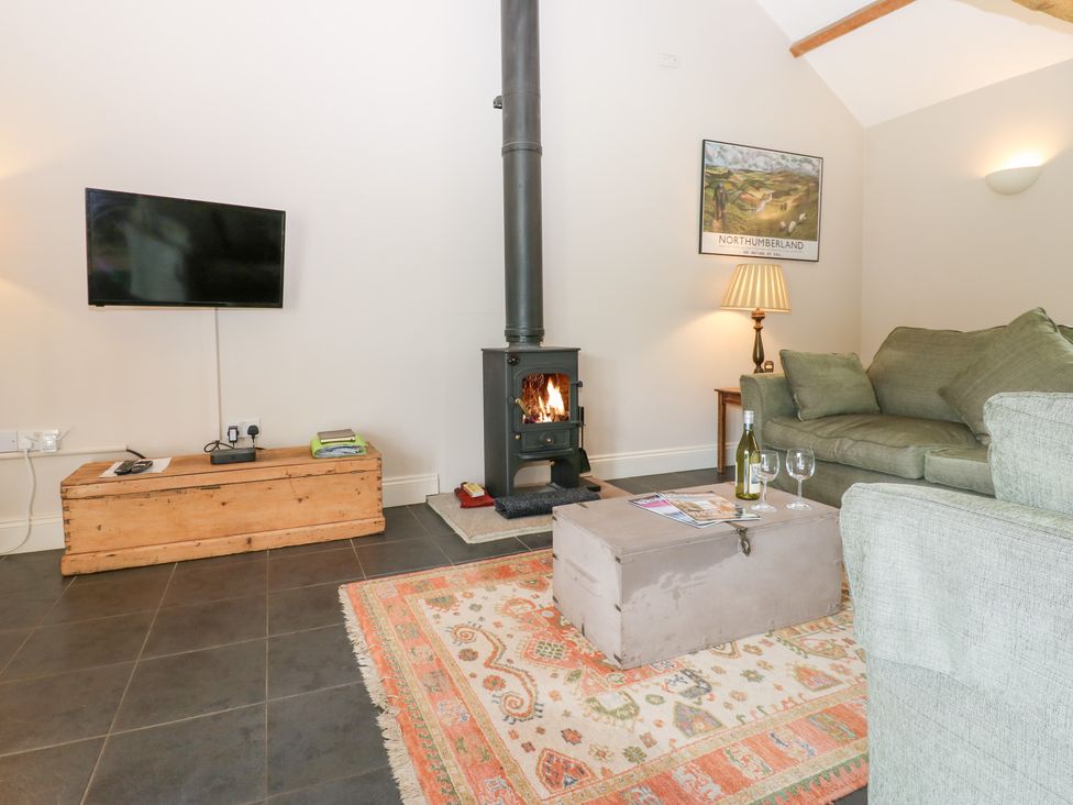 A living room with a wood stove and television at Shepherds Burn Cottage Bellingham