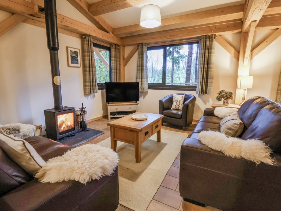 A living room with a sofa and television at Lady Bagots Cabin in Ruthin