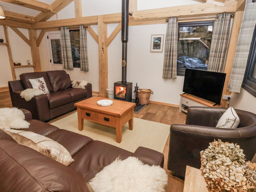 A living room with sofas, a table, a fireplace and a television at Lady Bagots Cabin in Ruthin