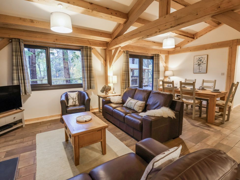 A living room with a sofa and dining table at Lady Bagots Cabin in Ruthin