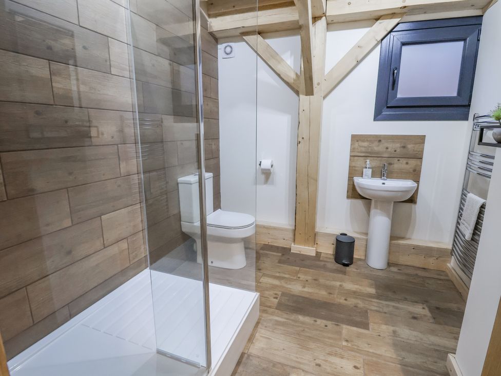 A bathroom with a shower, sink, and toilet at Lady Bagots Cabin Ruthin