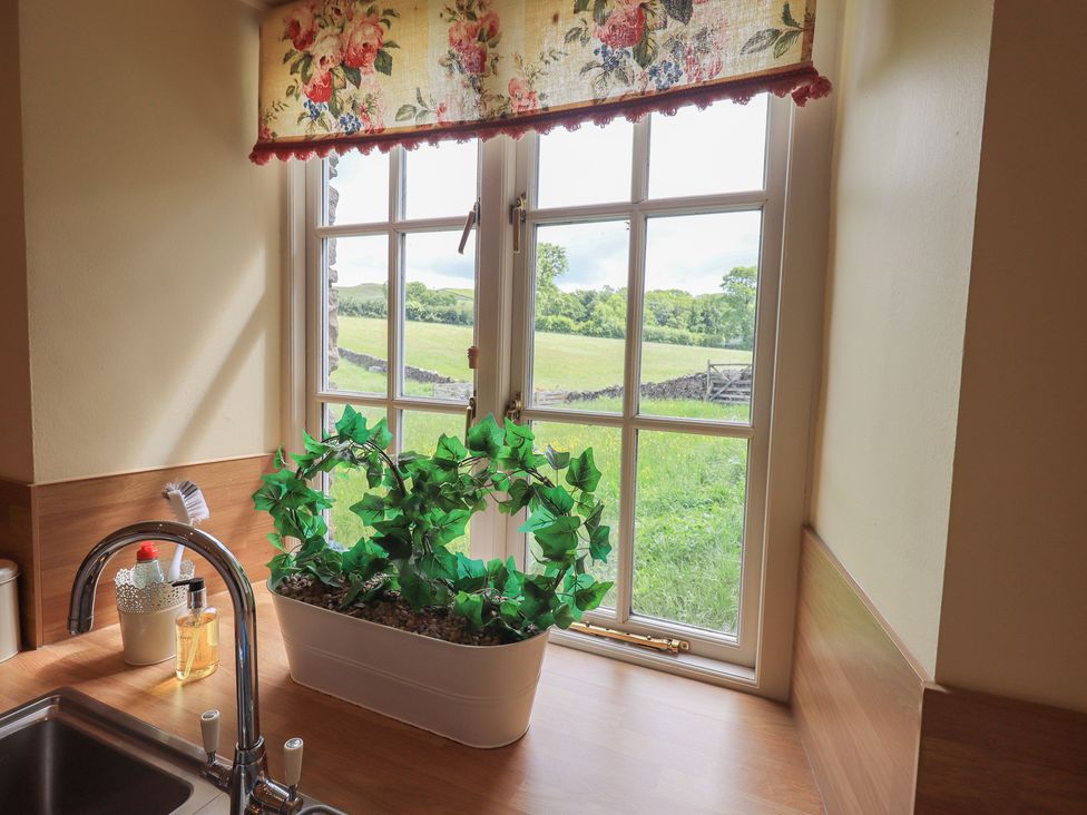 A kitchen with a window and a plant at The Garden Rooms Lawkland in Austwick