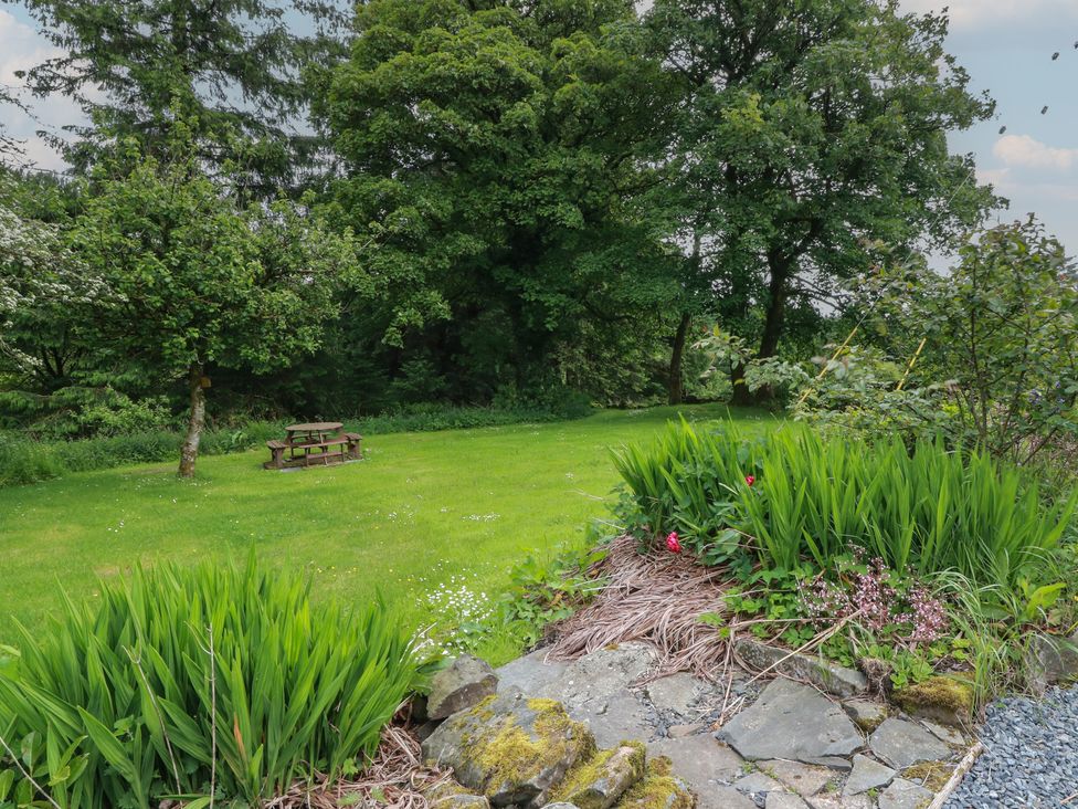 A garden with grass and a picnic table at Corrafeckloch Forest Cottages near Glentrool