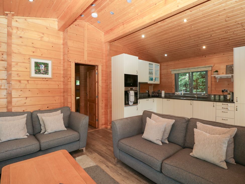 A living room with sofas and kitchen area at Elm Lodge in Ulverston
