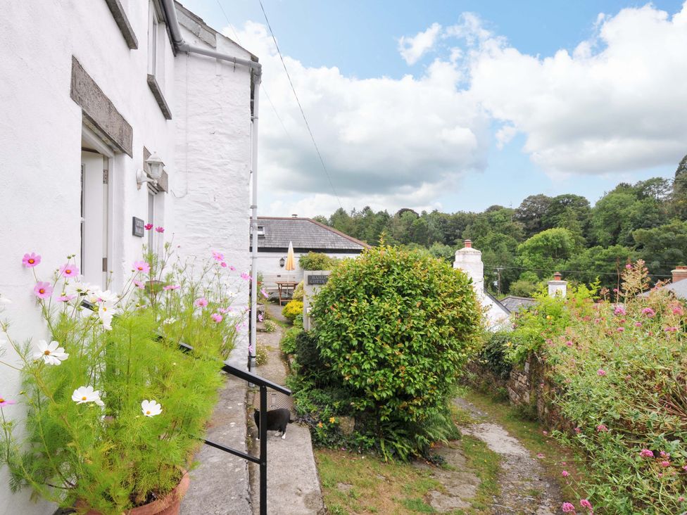 An outdoor area with flowers, a pathway, and buildings at Little Hamlin in Rilla Mill Nr Callington