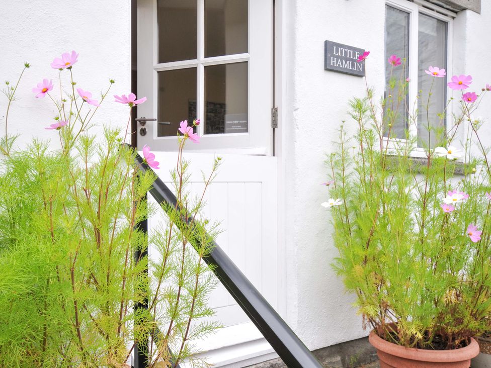 An entrance with a white door and flowers at Little Hamlin in Rilla Mill Nr Callington