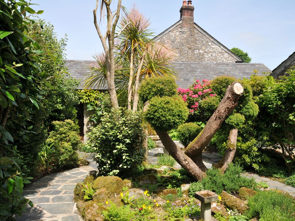 A garden with a pathway and various plants at Trevenning Chapel near Port Isaac