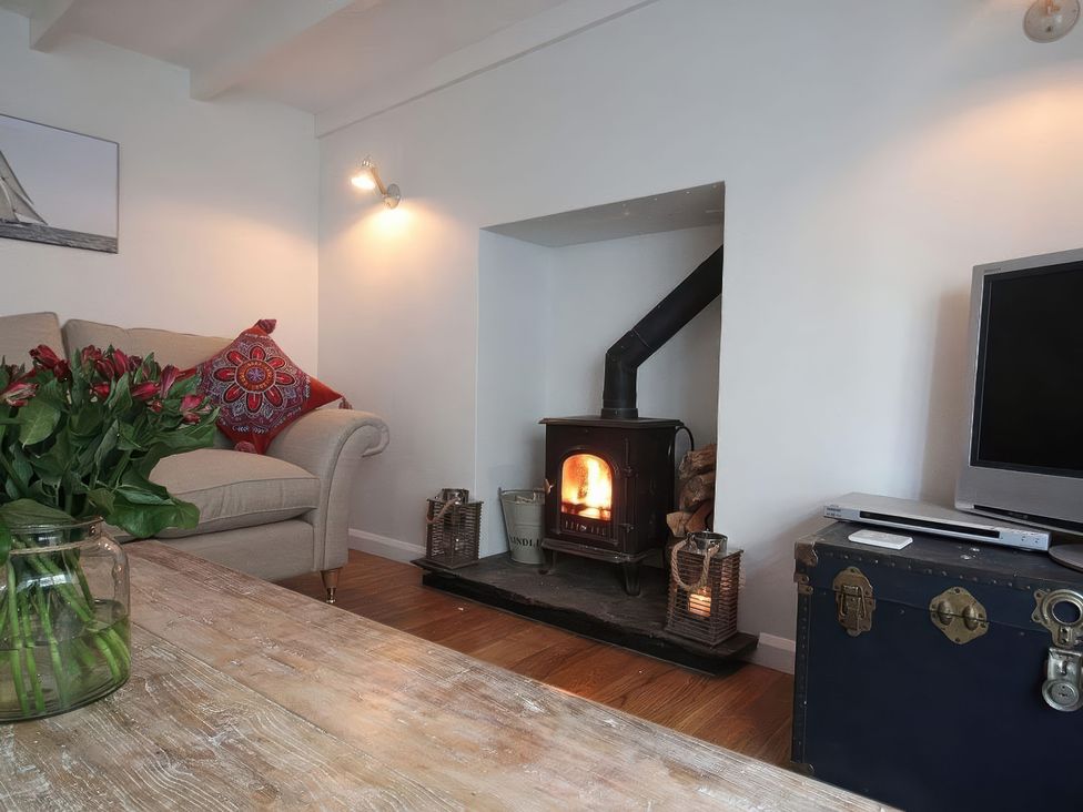 A living room with a fireplace and a television at Trelan in Mevagissey