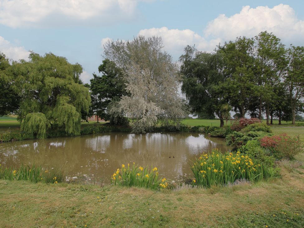A pond surrounded by trees and flowers at The Oaks Cockshutt near Ellesmere