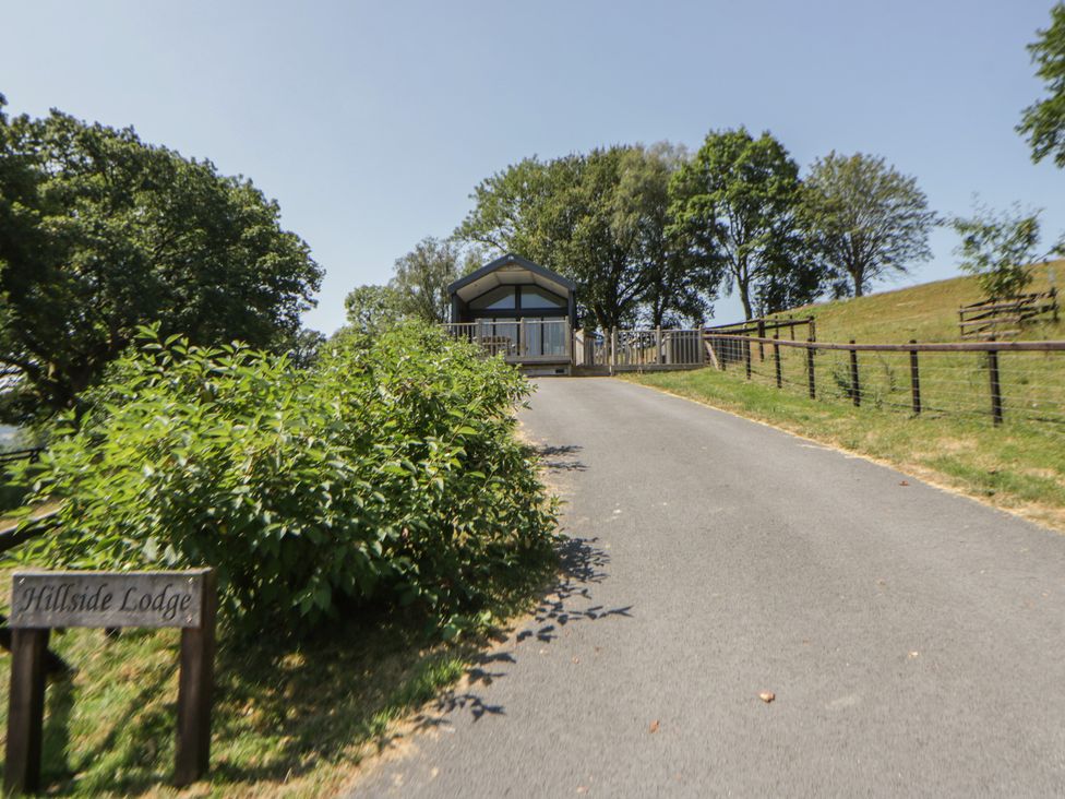 A lodge at the end of a drive with trees nearby at Hillside Lodge Nantmel near Rhayader