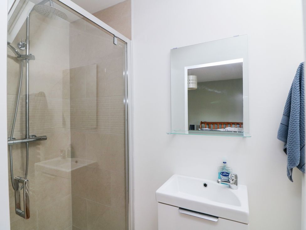 A bathroom with a shower and sink at The Owl's Hoot in Tacumshane, County Wexford