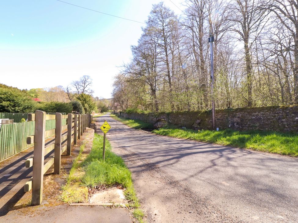 A road with a fence and trees at Gamekeepers Cottage Chillingham near Chatton