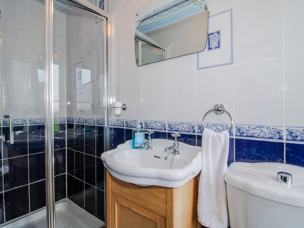 A bathroom with a shower, sink, and toilet at The Manor House at Kenwick Lodge Cockshutt near Ellesmere