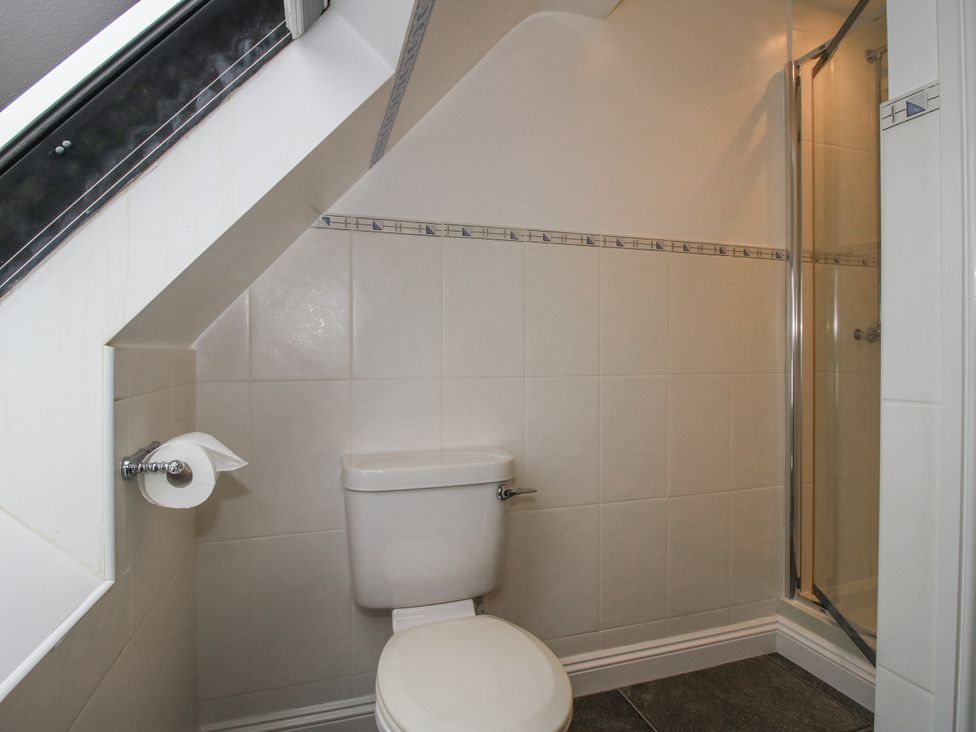 A bathroom with a toilet and shower at Wash House Cottage in Much Wenlock