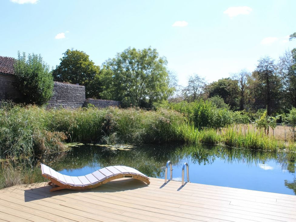 A garden with a deck, lounge chair, and swimming pool at Wootton House, Butleigh Wootton, near Compton Dundon