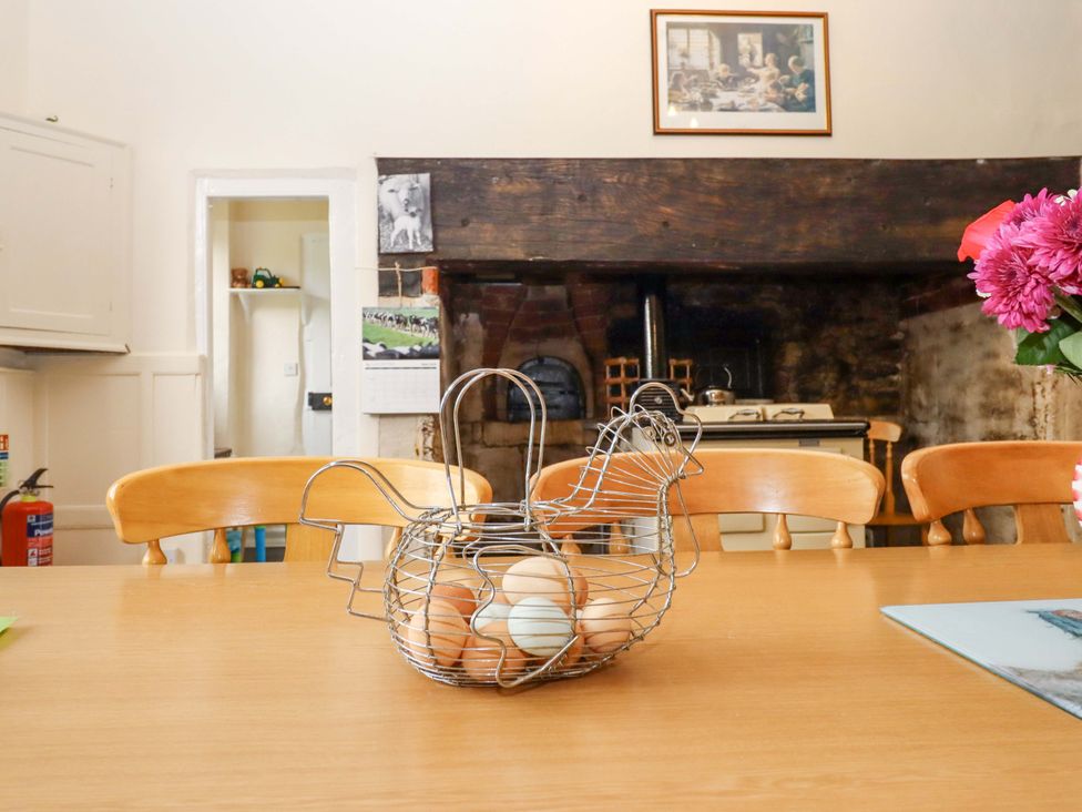 A kitchen with an egg holder on a table at Hornshayne Farmhouse, Farway, near Honiton