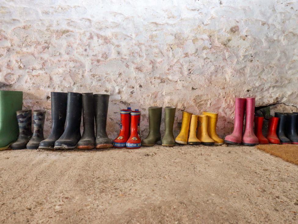 Various pairs of wellington boots lined up at Hornshayne Farmhouse, Farway, near Honiton