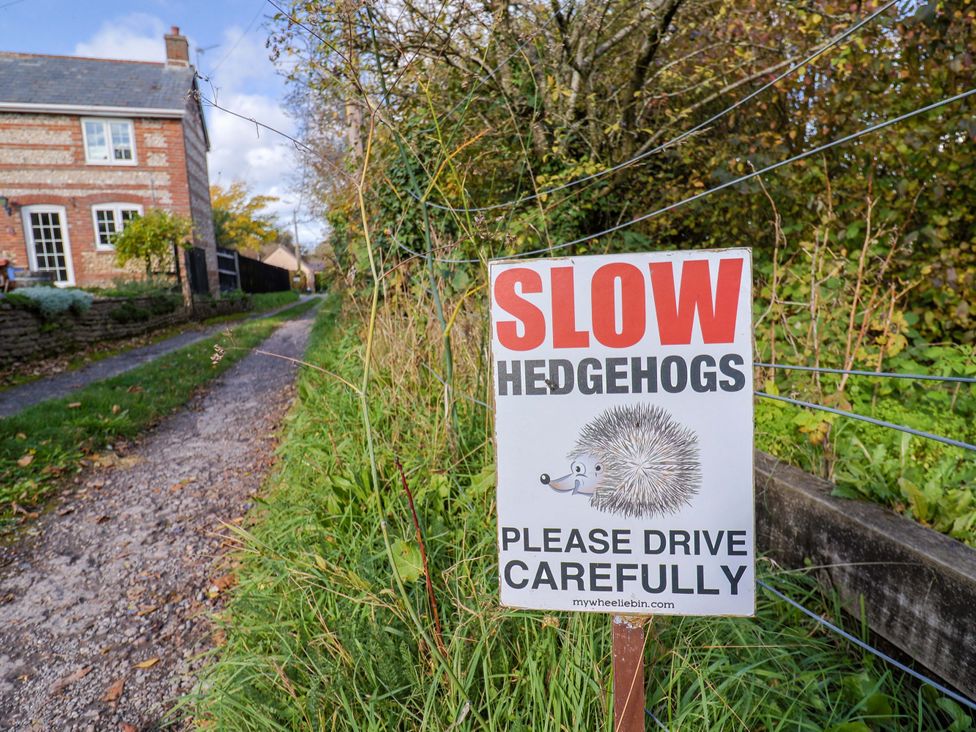 A sign urging to drive carefully for hedgehogs near a path and house in Charlton Marshall