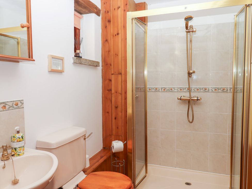 A bathroom featuring a shower stall, toilet, and sink at The Cottage in Sampford Courtenay