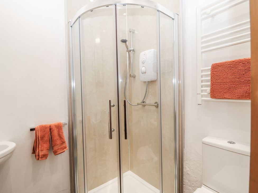 A bathroom with a shower and toilet at Miners Dry, Gulworthy, near Tavistock