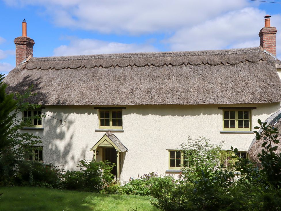A cottage with a thatched roof and garden at Hope Cottage in Riddlecombe, near Winkleigh