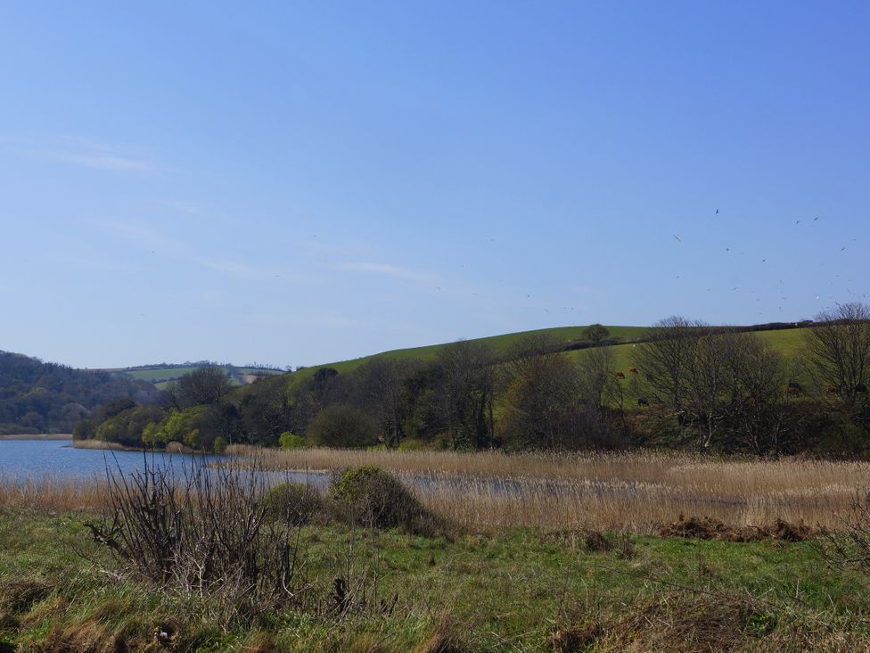 A lake surrounded by grass and trees near hills at Coach House Cottage Strete, near Dartmouth