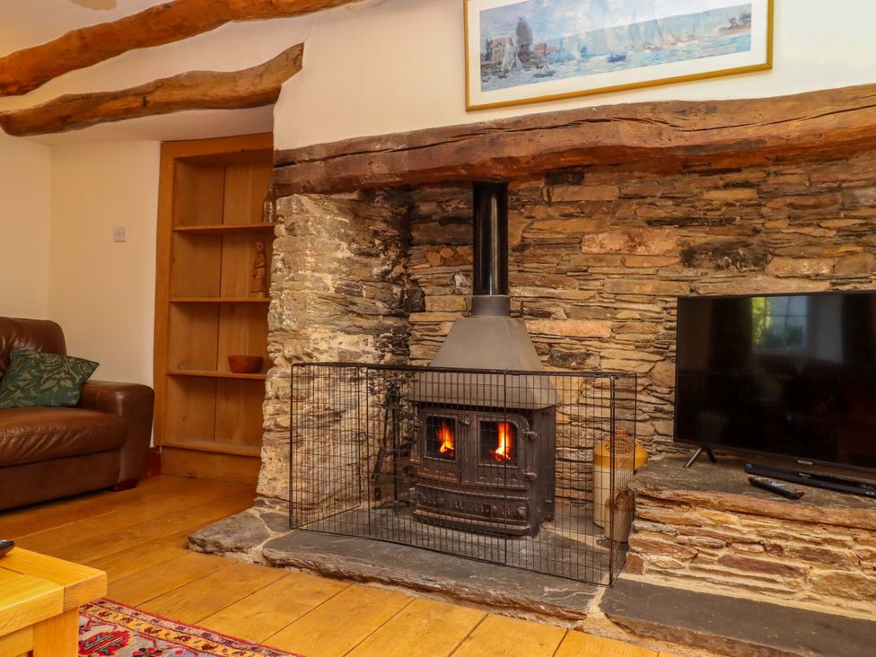 A living room with a fireplace and television at East Bickleigh in Halwell